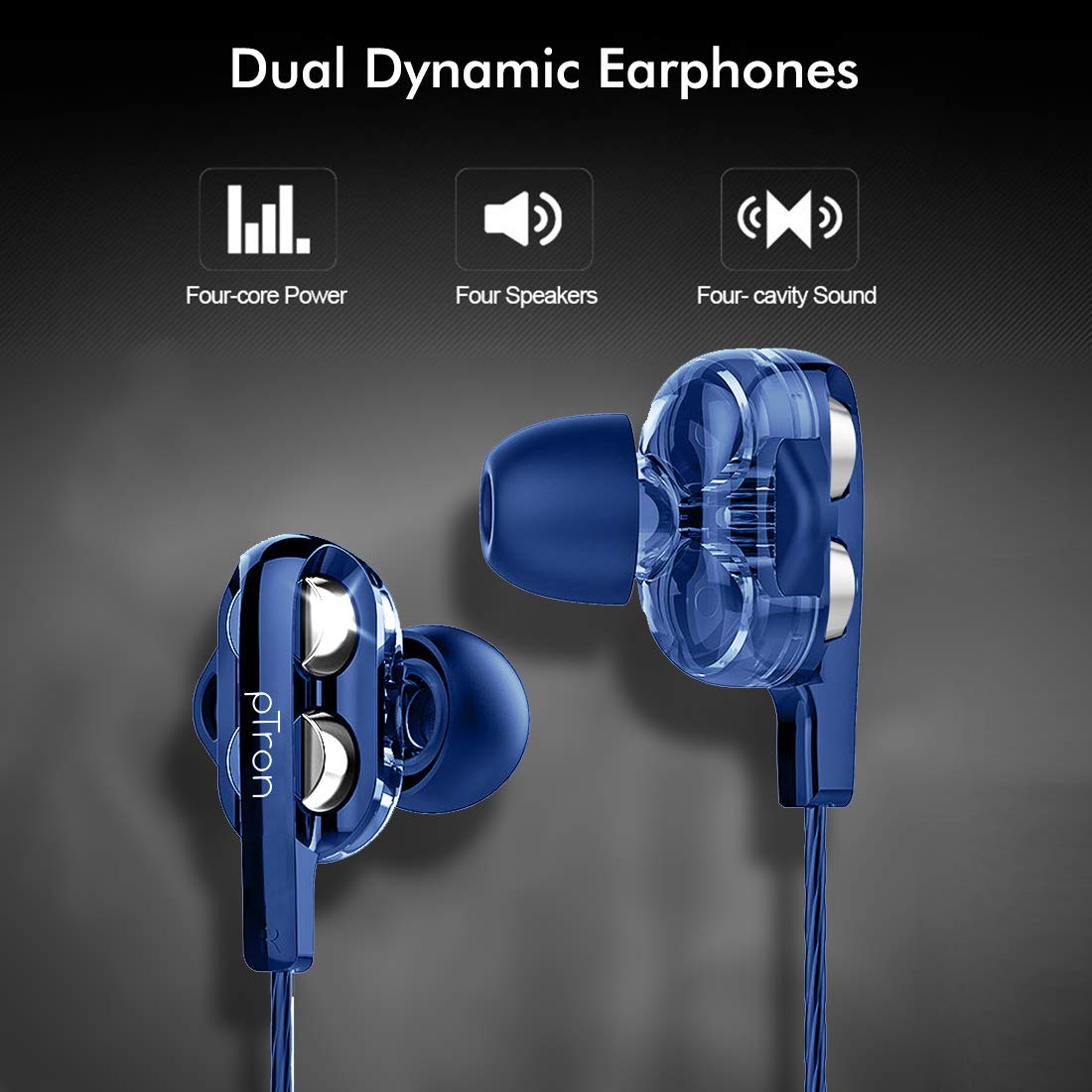 PTron Boom Ultima 4D Dual Driver, in-Ear Gaming Wired Headphones with in-line Mic, Volume Control & Passive Noise Cancelling Boom 3 Earphones - (Dark Blue)