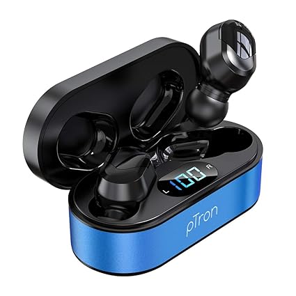 pTron Bassbuds Plus in Ear True Wireless Stereo Earbuds with Mic, Deep Bass Bluetooth Headphones, Voice Assistance, IPX4 Sweat & Water Resistant TWS, 12Hrs Battery & Fast Charge (Blue & Black)