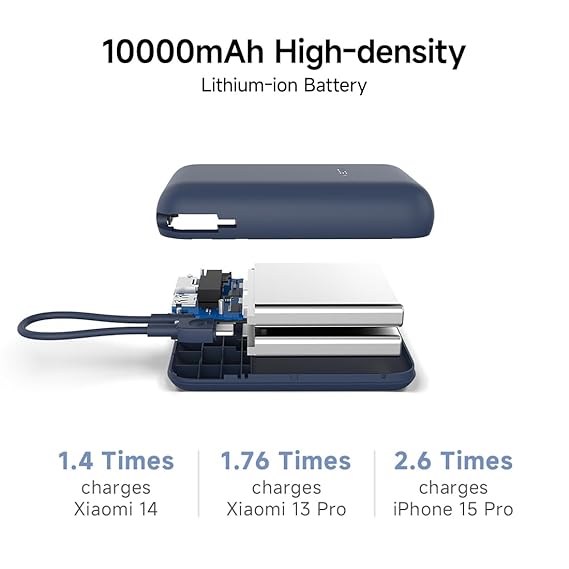 Xiaomi Pocket Power Bank 10000mAh 22.5W Fast Charging|Inbuilt Cable|Slim & Compact|Power Delivery|QC 3.0|Type-C Input & Output|3 Output Ports|Blue|Supports Android,Apple,Tablets,Earbuds,Watches