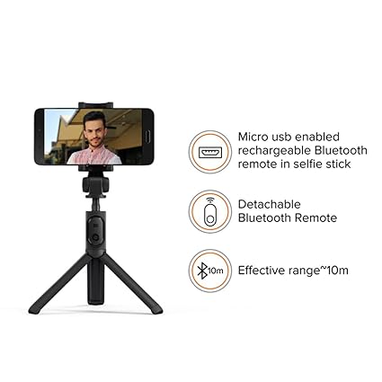 Mi Xiaomi Selfie Stick with Micro USB Rechargeable Bluetooth Remote,Tripod Stand,Multifunctional Selfie Stick with Extendable Aluminium Monopod,360 Deg Rotation Phone Holder,Adjustable Grip (Black)