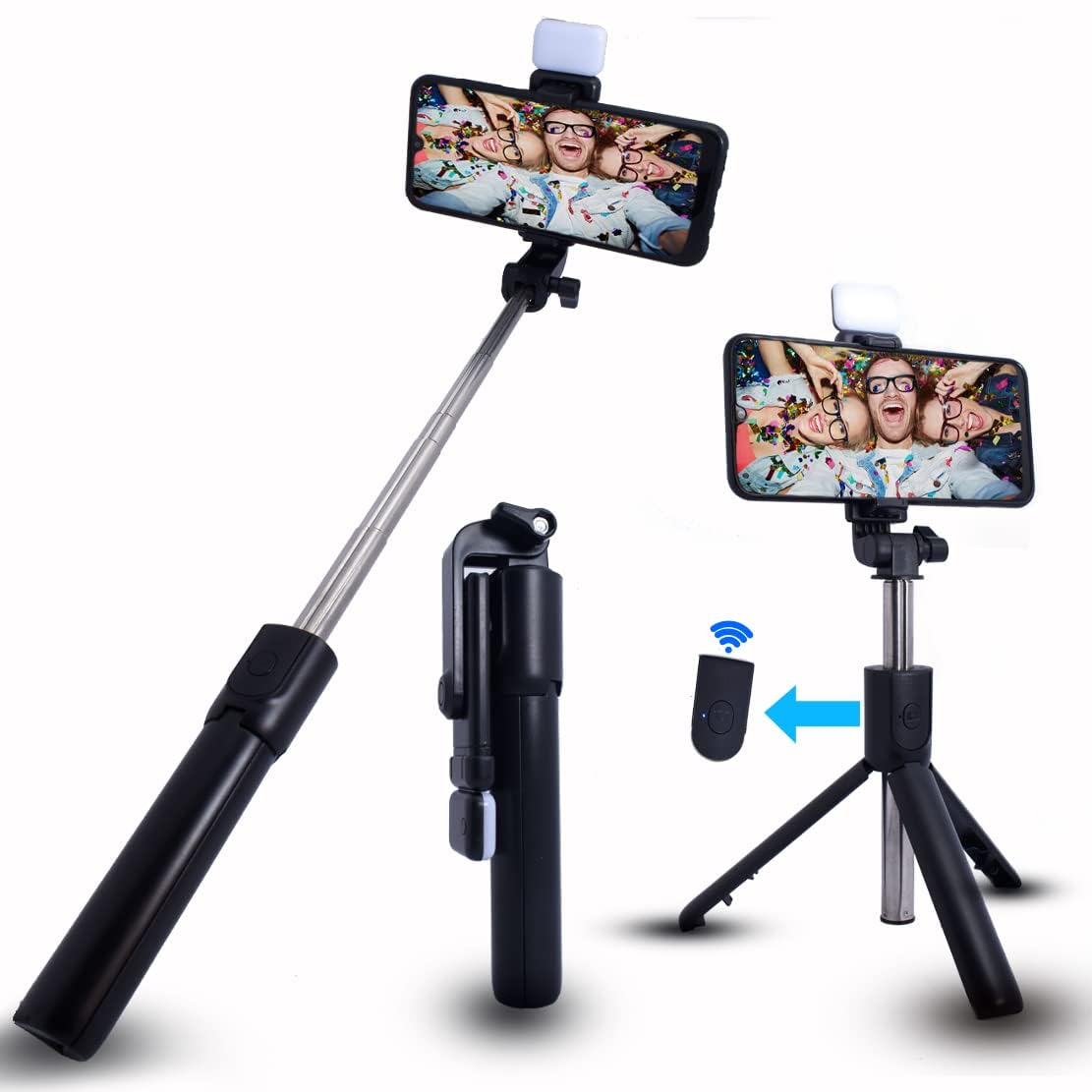 HUMBLE Bluetooth Selfie Sticks with Remote and Selfie Light, 3-in-1 Multifunctional Selfie Stick Tripod Stand for Travelling, YouTube Vlogging Video, Compatible with All Smartphones (70 cm)