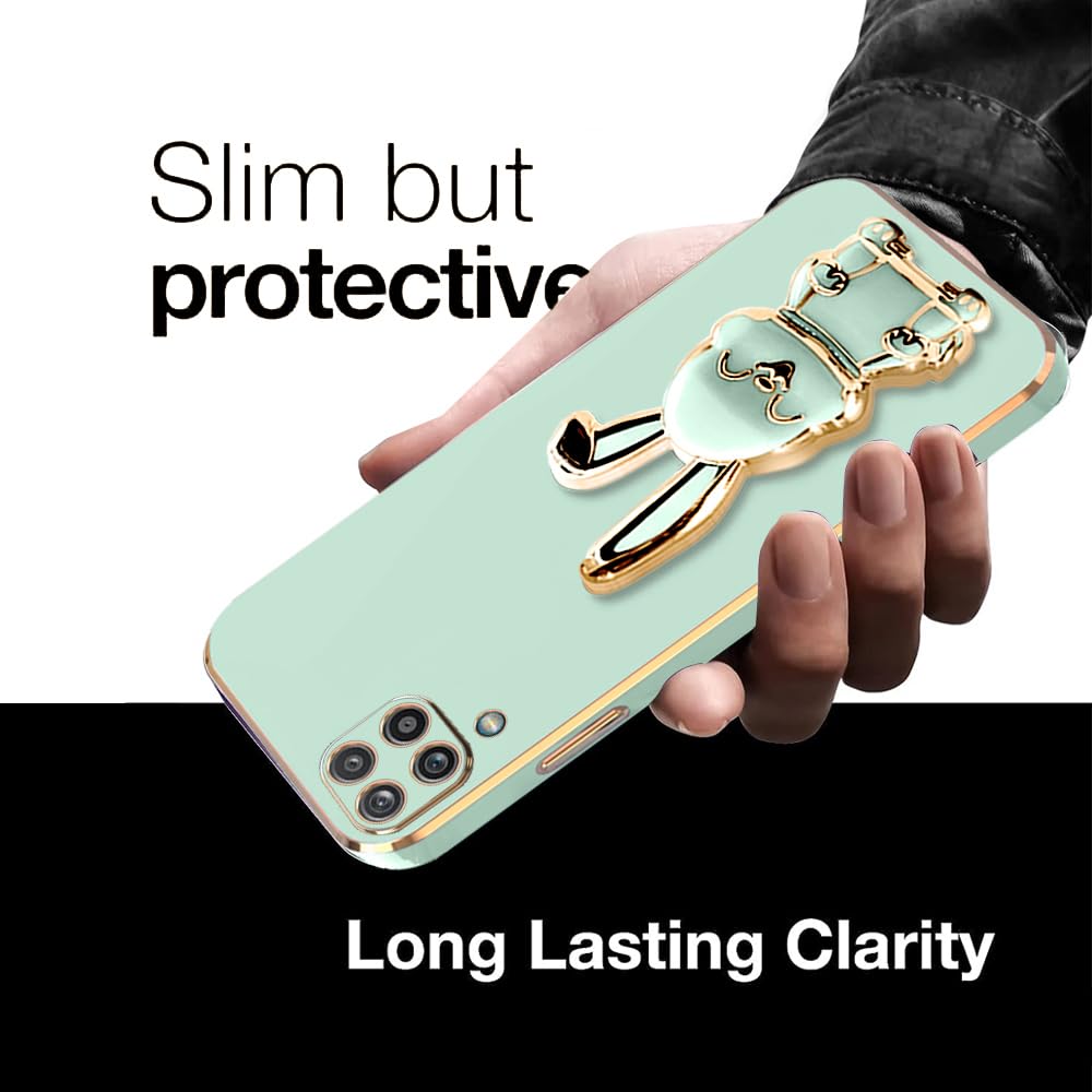 KARWAN®️ 3D Bunny with Folding Stand Back Cover Case Compatible for Samsung Galaxy A22 4G |Slim electroplated case | Stand case | Soft TPU | Space Astro Theme | Camera Protection-Mint