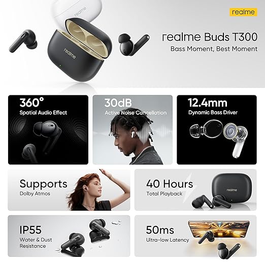 realme Buds T300 Truly Wireless in-Ear Earbuds with 30dB ANC, 360° Spatial Audio Effect, 12.4mm Dynamic Bass Boost Driver with Dolby Atmos Support, Upto 40Hrs Battery and Fast Charging (Youth White)