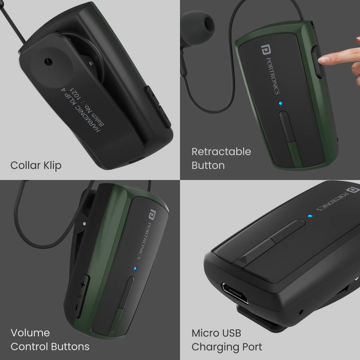 Portronics Harmonics Klip 4 Retractable Bluetooth Music & Calling Earphone with Long Playtime, Vibration Prompt (Green)