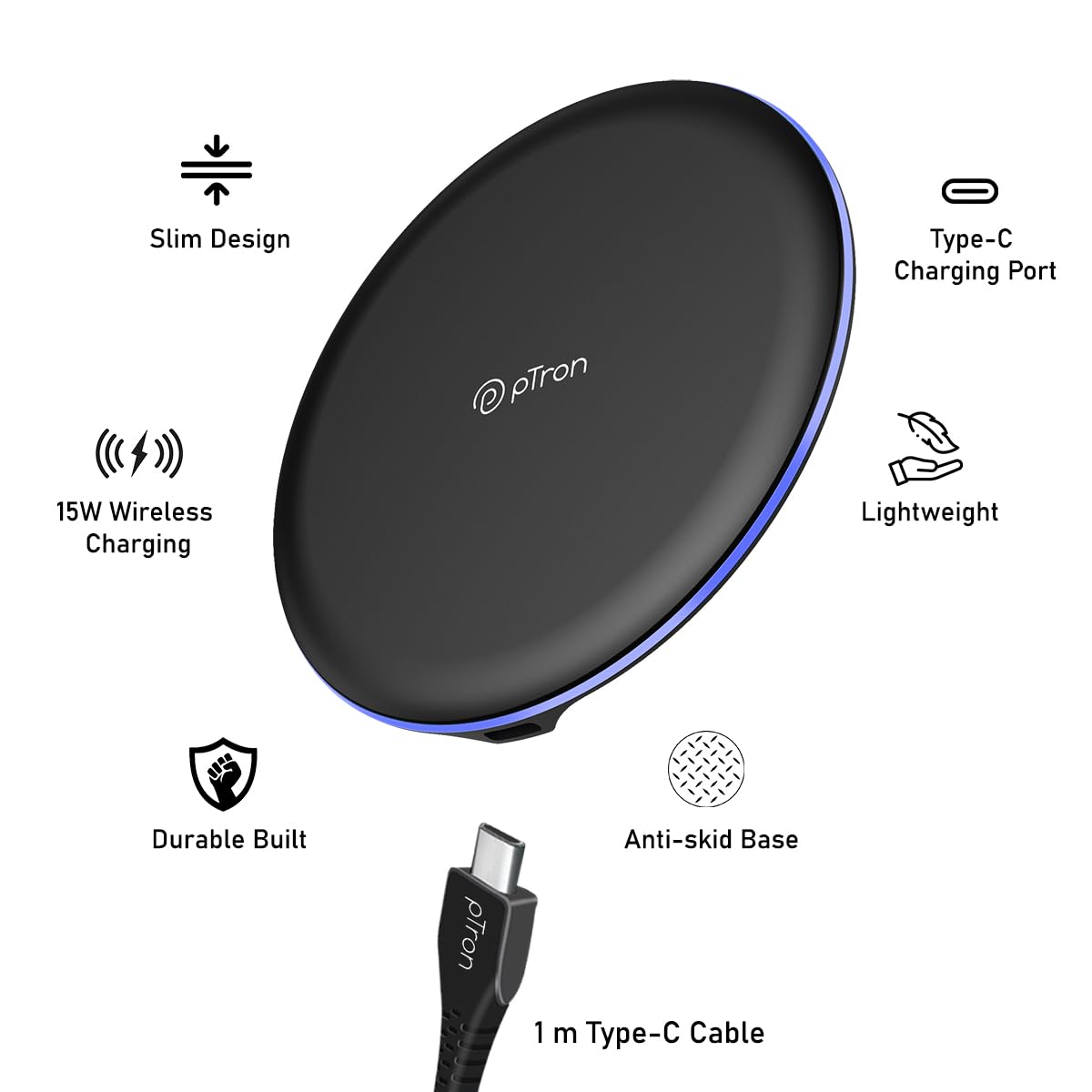 pTron Dynamo Ring Wireless Charger 15W, Compatible with Qi Wireless Charging Enabled Smartphones iPhone 14/13/12/11 Series, Galaxy S23/S22/S21/S20/Note20/10/10+ Series & 1m Type C Cable (Black) Visit the pTron Store