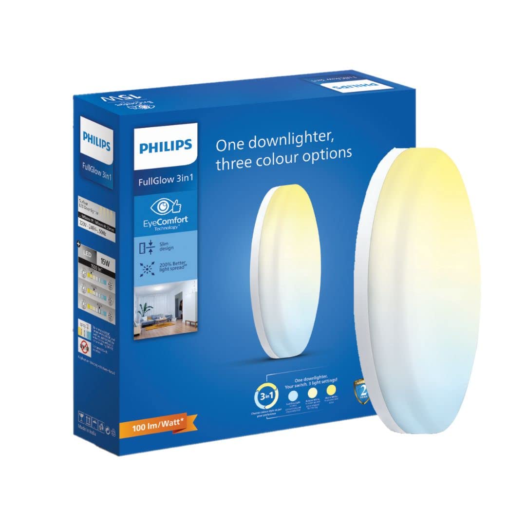 PHILIPS Full Glow 15-watt Round LED Surface Downlighter | 3 Colors in 1 Rimless LED Downlighter | LED Ceiling Light for Home and Hall | Color: Tunable White, Pack of 1